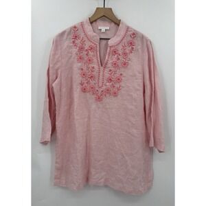 Charter Club Shirt Womens Large Pink Orange Linen Popover Resort Luxury Coastal